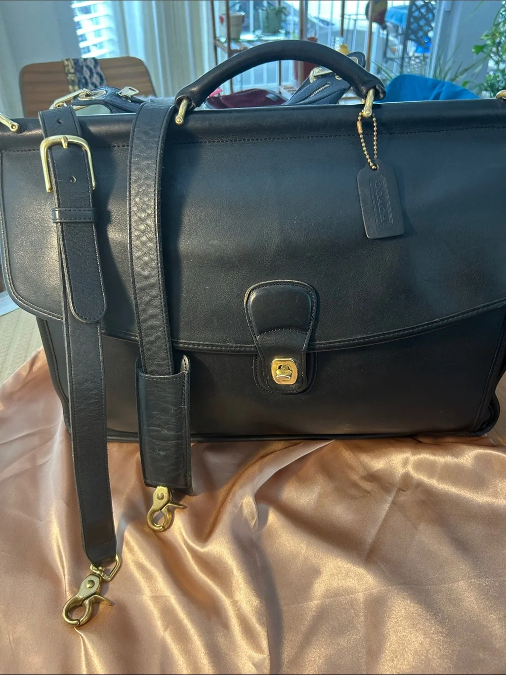 Vintage Coach Black Leather Briefcase with Chunky Hardware & Shoulder Strap